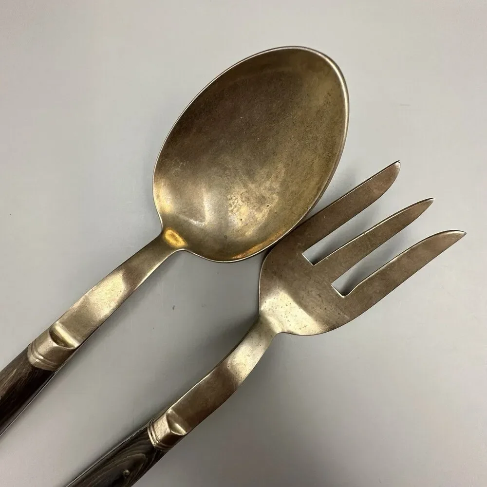 Vintage Siam Thailand Bronze Large Salad Servers Thai Goddess Wood Handles 9,5”